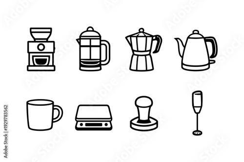 Coffee brewing equipment: coffee grinder, french press, espresso maker, kettle, coffee mug, coffee scale, tamper, milk frother