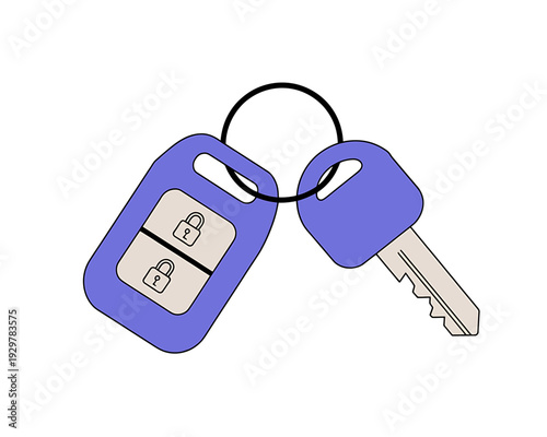 A purple keychain with a key and a lock on a white background