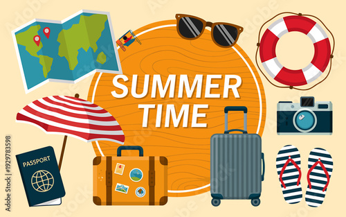 Summer time vacation travel concept with accessories and luggage items