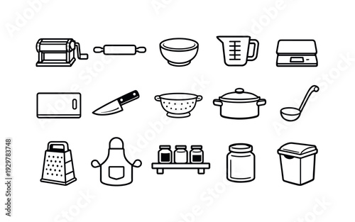 Home pasta cooking station: pasta machine, rolling pin, mixing bowl, measuring cup, kitchen scale, cutting board, kitchen knife, colander, cooking pot