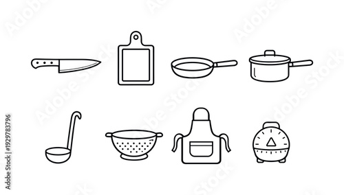 Restaurant kitchen tools: chef knife, cutting board, frying pan, saucepan, ladle, colander, apron, kitchen timer