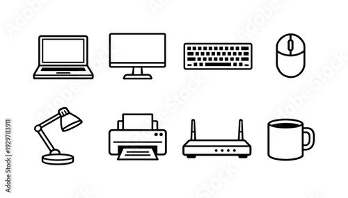 Office desk essentials: laptop, monitor, keyboard, computer mouse, desk lamp, printer, router, coffee mug