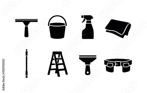 Home window cleaning tools: squeegee, bucket, spray bottle, microfiber cloth, extension pole, step ladder, scraper, tool belt