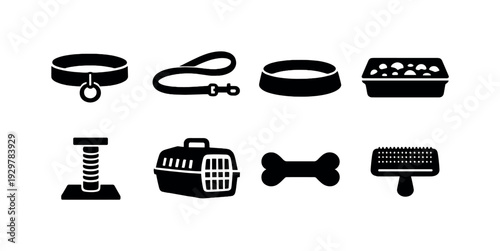 Pet accessories: dog collar, leash, pet bowl, cat litter box, scratching post, pet carrier, chew toy, grooming brush
