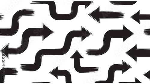 Abstract black brush stroke arrows creating a dynamic, directional pattern on a white background, symbolizing movement and choice
