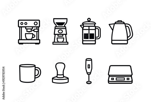 Home coffee corner tools: espresso machine, coffee grinder, French press, kettle, coffee mug, tamper, milk frother, coffee scale