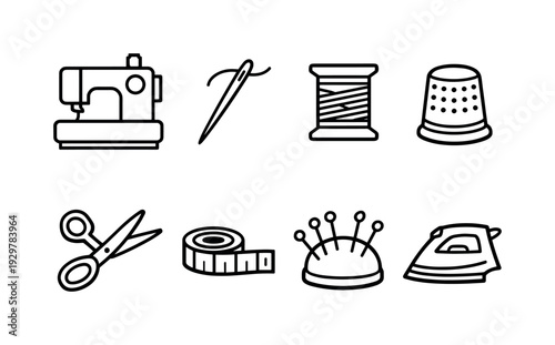 Sewing tools: sewing machine, needle, thread spool, thimble, scissors, measuring tape, pin cushion, iron