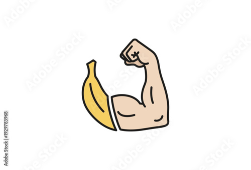 Simple graphic illustration depicting a strong flexing bicep combined humorously with half a ripe yellow banana on transparent background