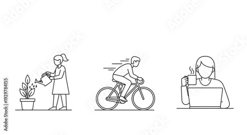 people doing activities in line art style for graphic resources