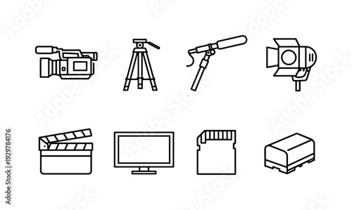 Video production gear: video camera, tripod, boom microphone, studio light, clapperboard, monitor, memory card, camera battery