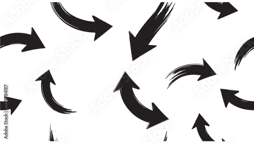 Expressive graphic pattern of numerous hand-drawn, distressed brush stroke arrows pointing in multiple dynamic directions, creating a versatile background for modern design projects