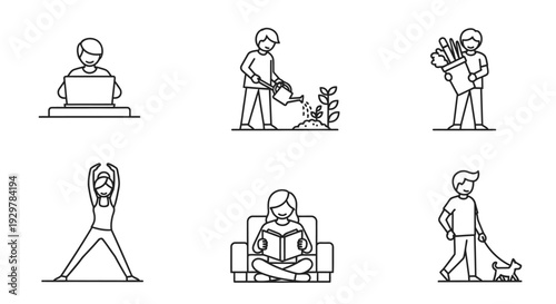 people doing various daily activities at home office or outdoors