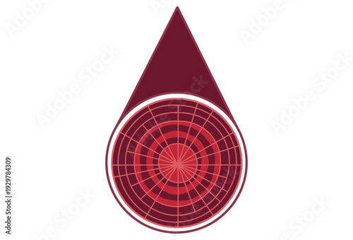 Abstract vector graphic design illustration featuring a deep red teardrop shape enclosing a circular radar or target pattern on transparent background