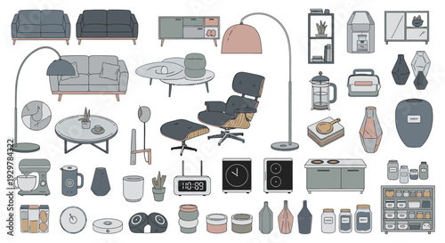 collection of modern home interior furniture and decor items in a flat design style