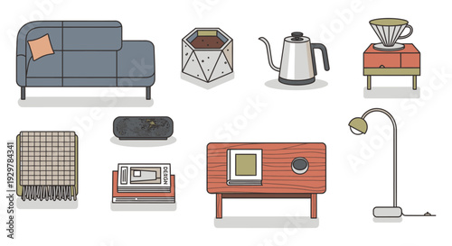 living room furniture set including sofa kettle lamp and radio