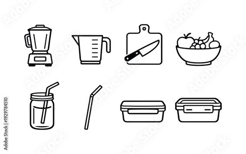 Home smoothie station items: blender, measuring cup, cutting board, kitchen knife, fruit bowl, mason jar, reusable straw, storage container