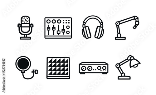 Podcast studio equipment: podcast microphone, audio mixer, studio headphones, microphone stand, pop filter, sound panel, recording interface, desk