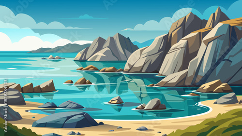 A small rocky coastal bay with calm water surrounded by natural stone formations clear horizon under open sky clean minimal vector illustration flat design uncluttered composition