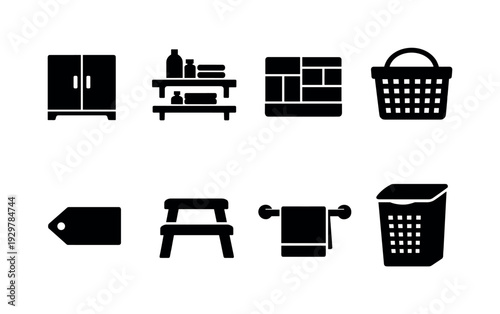 Home bathroom storage items: storage cabinet, wall shelf, drawer organizer, basket, label tag, step stool, towel rack, laundry hamper