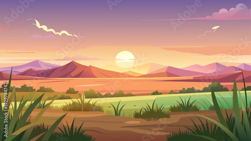 A wide prairie landscape under soft sunrise gradient sky flat grassy terrain stretching toward horizon clean minimal vector illustration flat design uncluttered peaceful composition