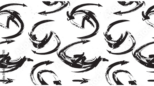 Abstract brush strokes in a repeating seamless pattern, graphic design with black and white curved arrow shapes creating a dynamic visual flow