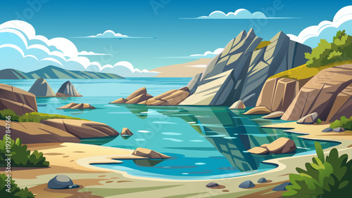 A small rocky coastal bay with calm water surrounded by natural stone formations clear horizon under open sky clean minimal vector illustration flat design uncluttered composition