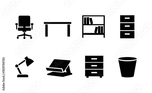 Home office furniture: office chair, desk, bookshelf, filing cabinet, desk lamp, laptop stand, drawer unit, waste bin