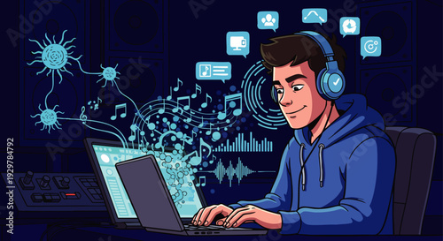 Young man in headphones creating digital music on laptop, surrounded by audio waves, notes, and creative tech icons. Sound engineering and production concept.