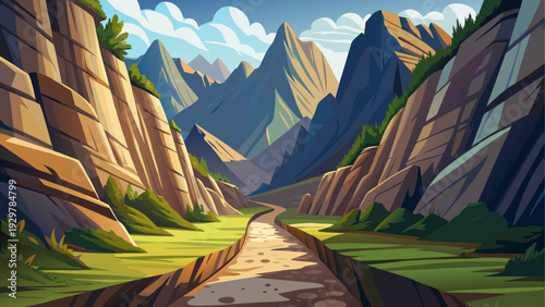 A narrow mountain pass between tall rocky slopes open pathway leading through natural terrain clear sky above clean minimal vector illustration flat design uncluttered composition