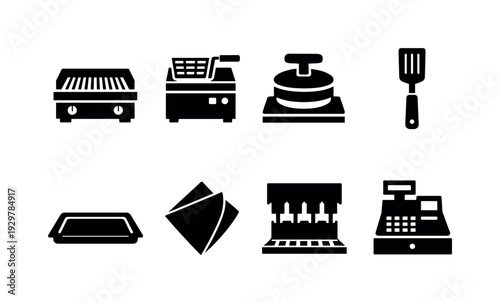 Burger restaurant equipment: grill, fryer, burger press, spatula, tray, paper wrapper, soda fountain, cash register