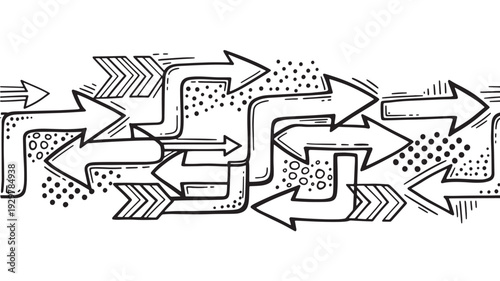 Multiple arrows pointing in different directions with varied patterns and textures in a complex illustration