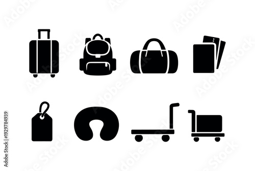Travel luggage items: suitcase, backpack, duffel bag, passport, boarding pass, luggage tag, neck pillow, trolley