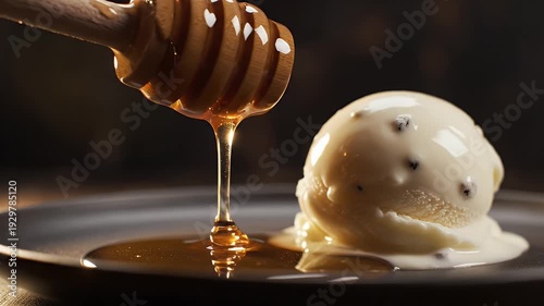 Creamy Vanilla Bean Ice Cream with Honey Drizzled from Wooden Dipper on Dark Plate