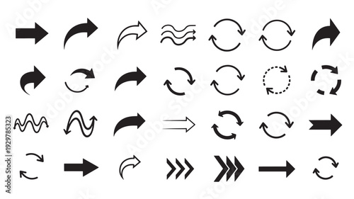 Collection of various black directional arrows and curved shapes on a white background, illustrating different directions and movements from a straightforward top-down viewpoint