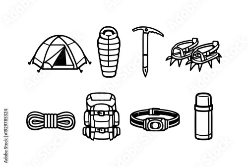 Camping glacier trip gear: winter tent, insulated sleeping bag, ice axe, crampons, rope coil, backpack, headlamp, thermos