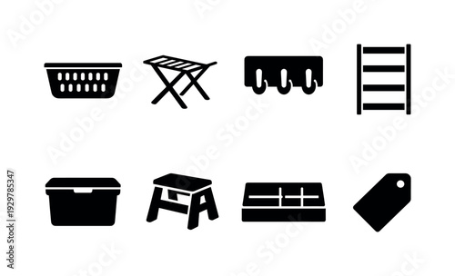 Home laundry closet items: laundry basket, drying rack, wall hook, shelf unit, storage bin, step stool, drawer organizer, label tag