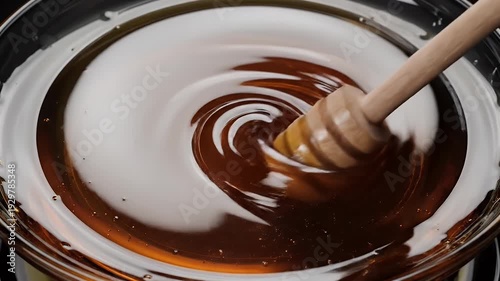 Golden Honey Dipped With Wooden Dipper In Glass Bowl Studio Shot