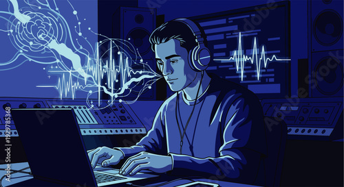 Focused man in headphones working on laptop in dark studio with DAW elements, symbolizing modern music production and sound engineering.