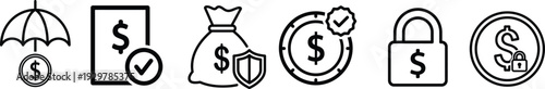 Finance Protection Outline Icon Collection – Money, Shield, Insurance, Secure Payment and Banking Safety Linear Vector Set