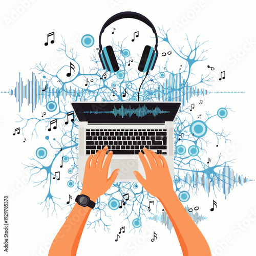 Hands typing on laptop with headphones, surrounded by musical notes and neural network illustration