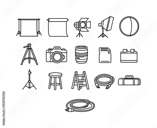 Photography studio props: backdrop stand, backdrop roll, studio light, softbox, reflector, tripod, camera, lens, memory card, battery pack, light