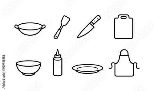 Home stir fry cooking tools: wok pan, spatula, chef knife, cutting board, mixing bowl, sauce bottle, serving plate, apron