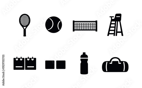 Tennis equipment: tennis racket, tennis ball, net, umpire chair, scorecard, wristband, water bottle, sports bag