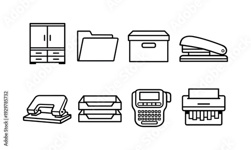 Office supply cabinet items: storage cabinet, file folder, archive box, stapler, hole punch, document tray, label maker, shredder