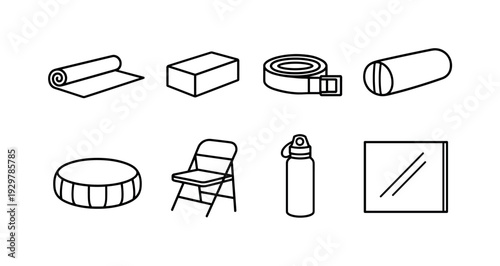 Yoga studio props: yoga mat, yoga block, yoga strap, bolster pillow, meditation cushion, folding chair, water bottle, wall mirror