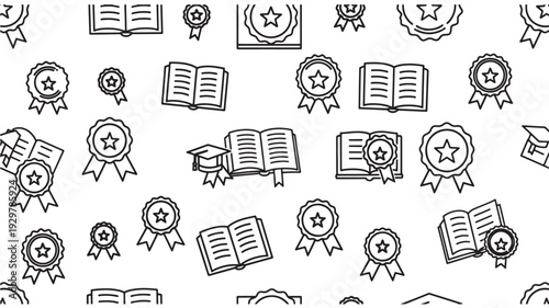 A collection of educational icons and symbols, including certificates, books, and awards, arranged in a seamless pattern on a plain background from a straightforward viewpoint.