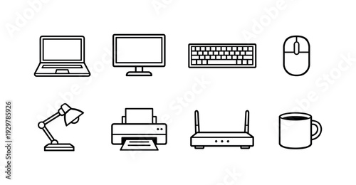 Office desk setup items: laptop, monitor, keyboard, computer mouse, desk lamp, printer, router, coffee mug
