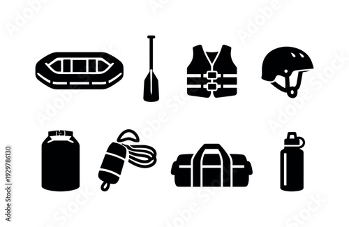 Whitewater rafting equipment: raft boat, paddle, life jacket, helmet, dry bag, throw rope, gear bag, water bottle