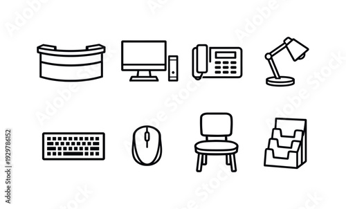 Office front desk equipment: reception desk, desktop computer, telephone, desk lamp, keyboard, mouse, visitor chair, brochure holder