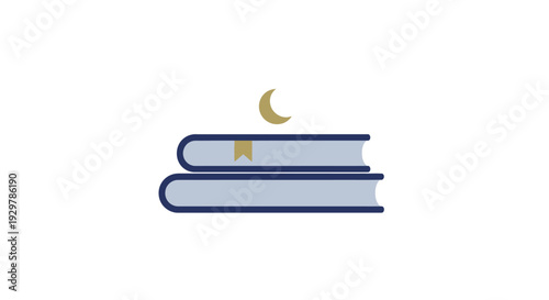 Stack of books with crescent moon.